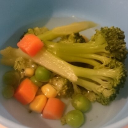 ミックスベジタブルで簡単にいろいろな野菜がとれて嬉しいですね。子どもたちも食べてくれました♪